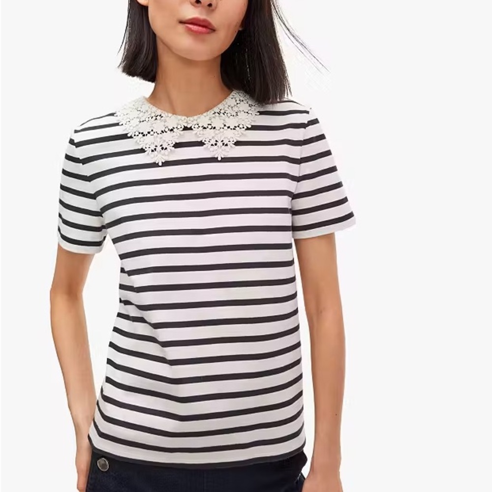 Navy and White Striped kate spade new york Jersey Tee with Lace Collar - Size XS